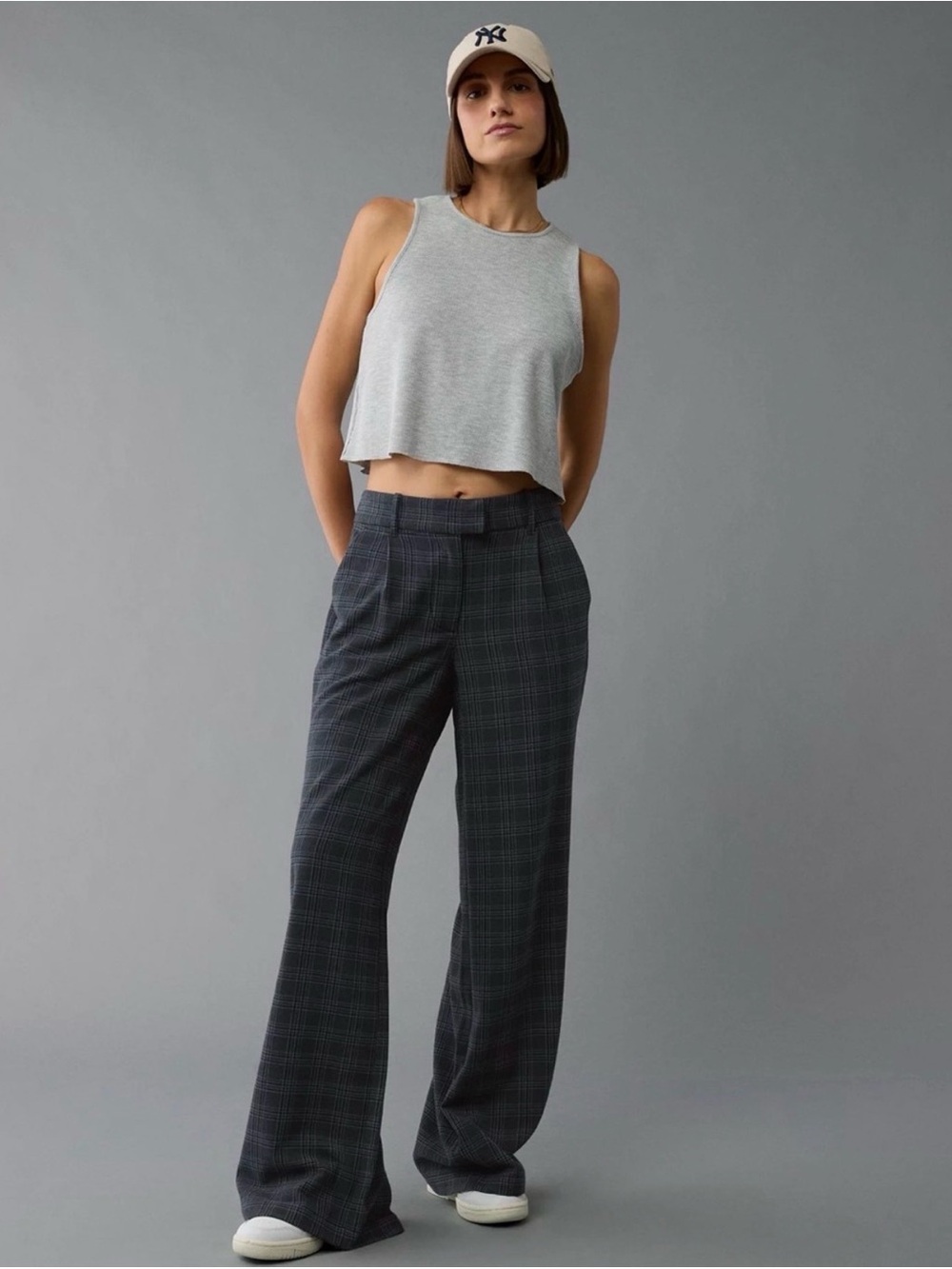 Plaid Wide-Leg Stretch Dress Pants